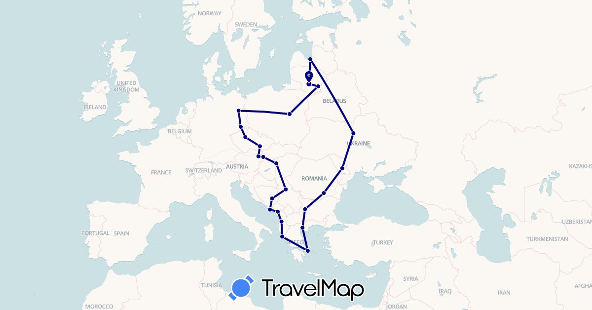 TravelMap itinerary: driving in Albania, Austria, Bosnia and Herzegovina, Bulgaria, Czech Republic, Germany, Greece, Croatia, Hungary, Lithuania, Latvia, Moldova, Montenegro, Poland, Romania, Serbia, Slovakia, Ukraine (Europe)